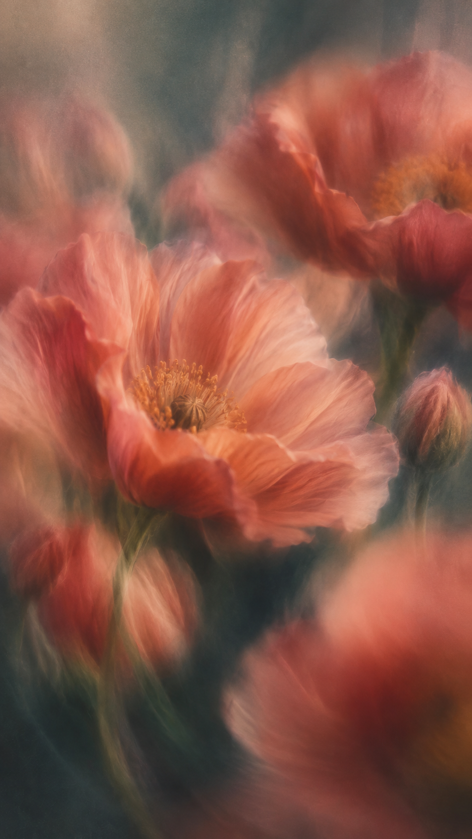 Soft coral poppies in a dreamy garden